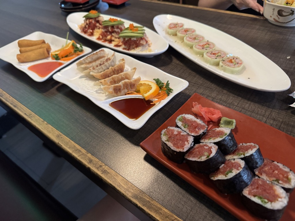 Chef special sushi platters, gyoza, and spring rolls at Blue Ginger in Pembroke Pines, Florida