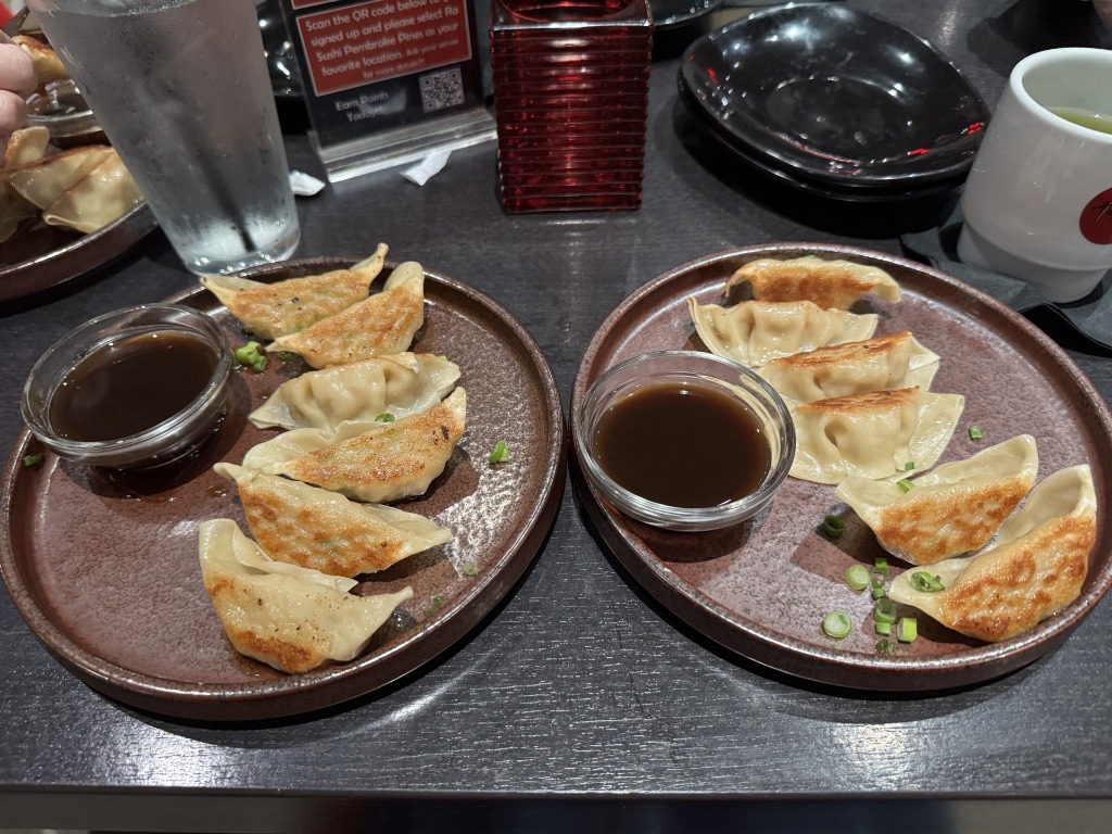 Gyoza dumplings and sushi at Ra Sushi Bar in Pembroke Pines, Florida